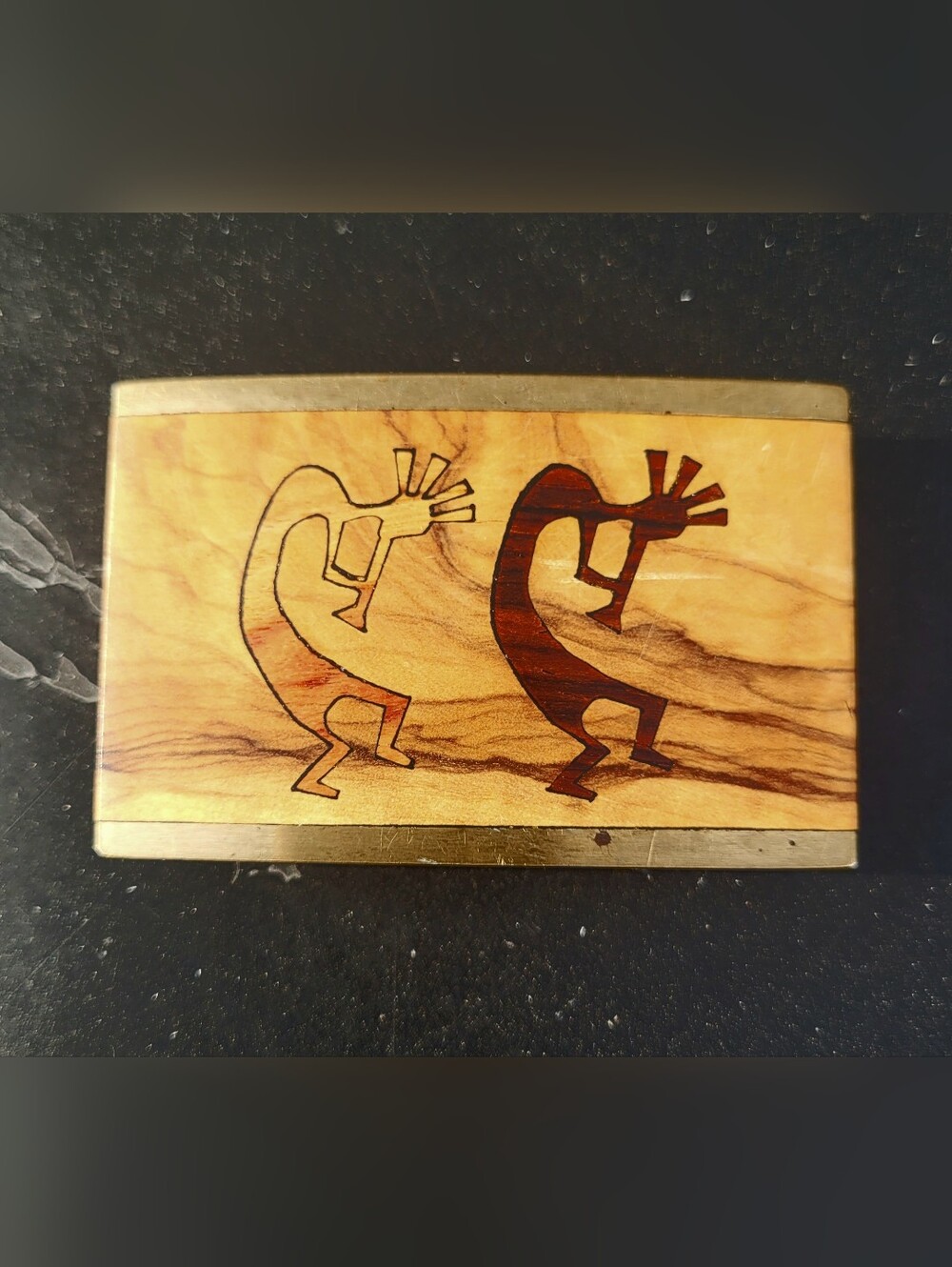 Vintage 80's Sky West Brass And Wood Inlay Belt Buckle Kokopelli Native American